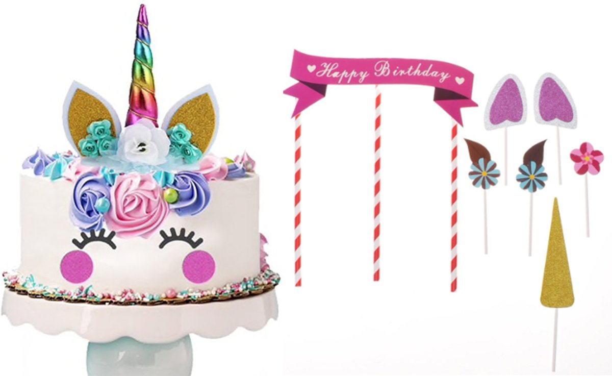 Regenboog Eenhoorn decoratie set (Inclusief 14 Versieringen) | Eenhoorn taart & cake versiering | Kinderfeest | Verjaardagstaart| Verjaardagsfeest | feestje | kinderfeestje | taart decoratie |